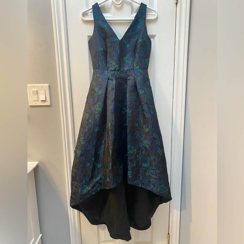 Elegant Dark Floral Jacquard High Low‎ Dress